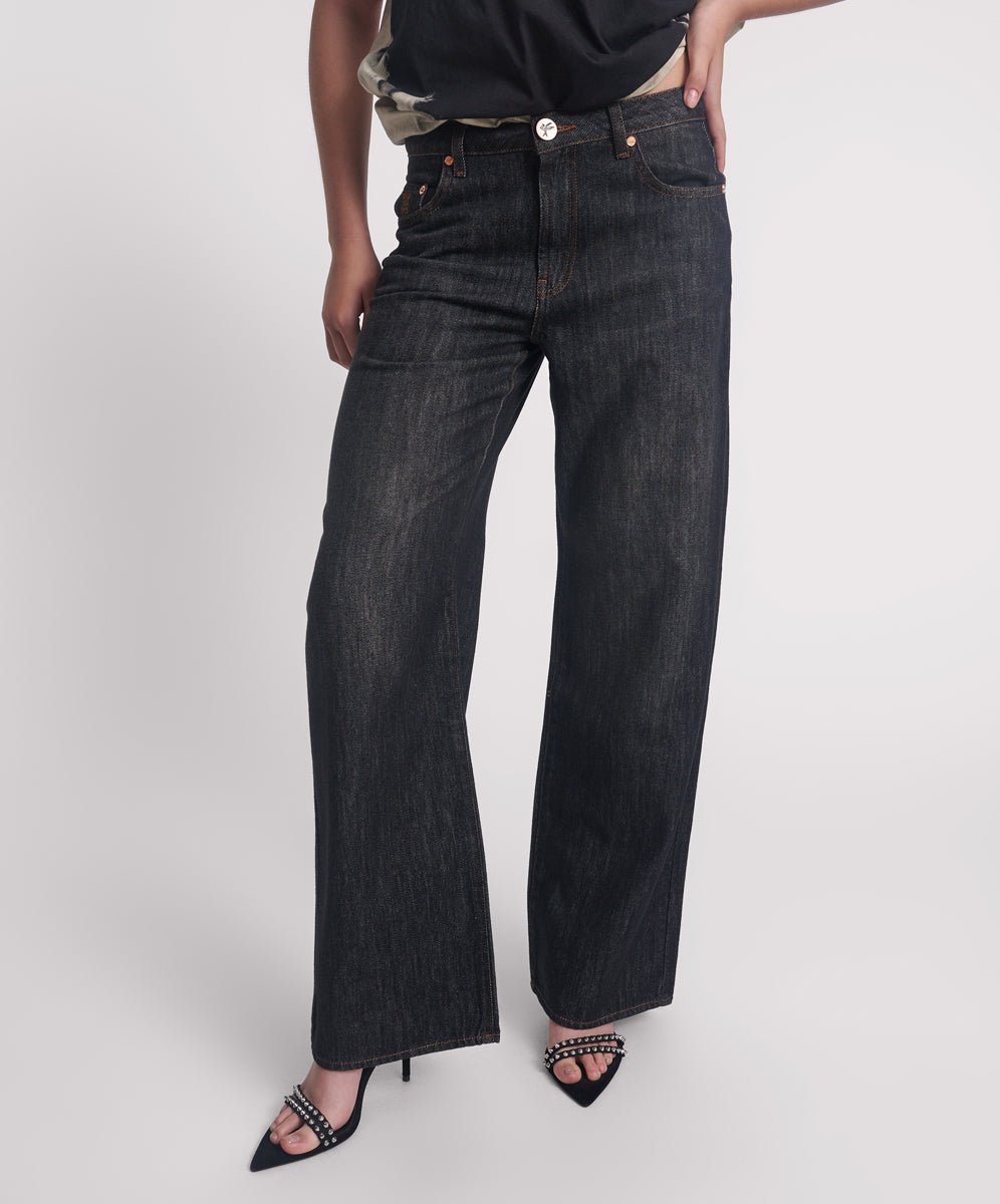 Jacksons Mid Waist Wide Leg Denim Jeans - Raw Black - Chillis & More NZ