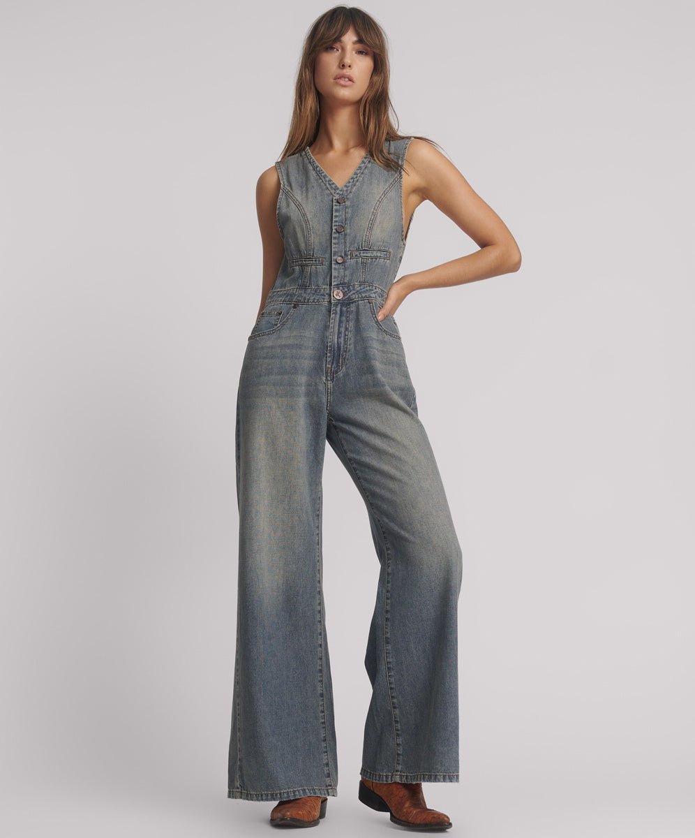 Love Machine Fitted Jumpsuit - Dirty Blue Love - Chillis & More NZ