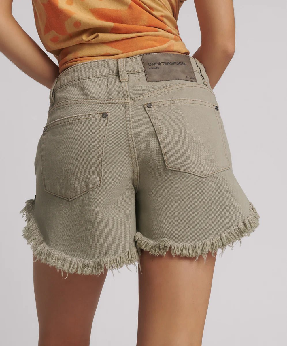 Mid Waist Outlaws Denim Shorts - Faded Khaki - Chillis & More NZ