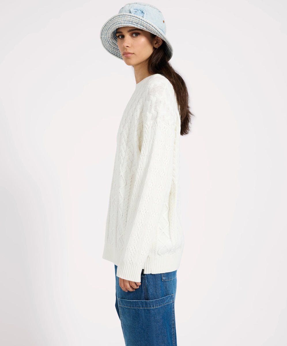 Mixed Cable Cotton Knit Sweater - Cream - Chillis & More NZ