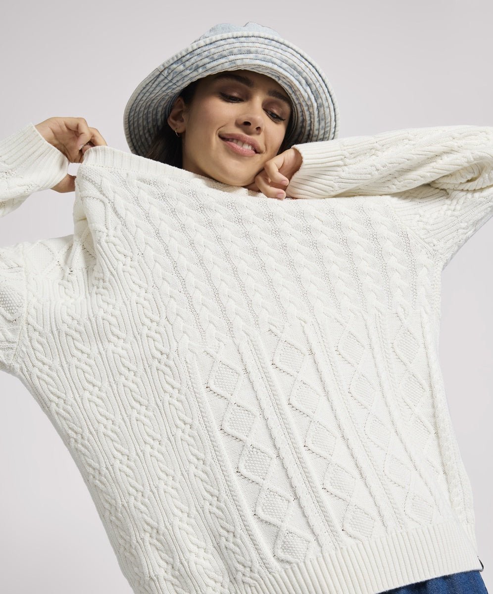 Mixed Cable Cotton Knit Sweater - Cream - Chillis & More NZ