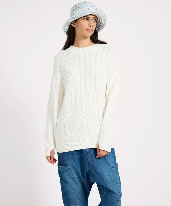 Mixed Cable Cotton Knit Sweater - Cream - Chillis & More NZ