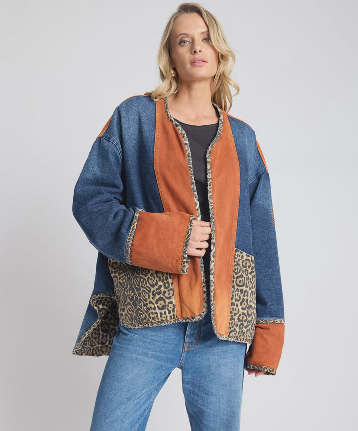 Bang Bang Reversible Colour Blocked Denim Wadded Jacket - Animal Blue Rust