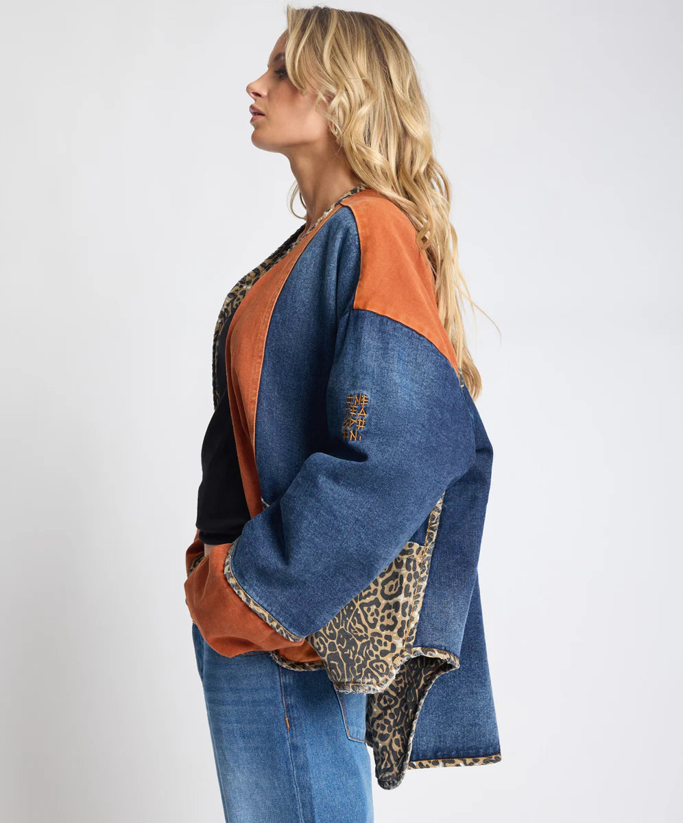 Bang Bang Reversible Colour Blocked Denim Wadded Jacket - Animal Blue Rust