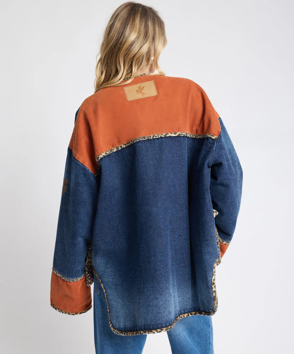 Bang Bang Reversible Colour Blocked Denim Wadded Jacket - Animal Blue Rust