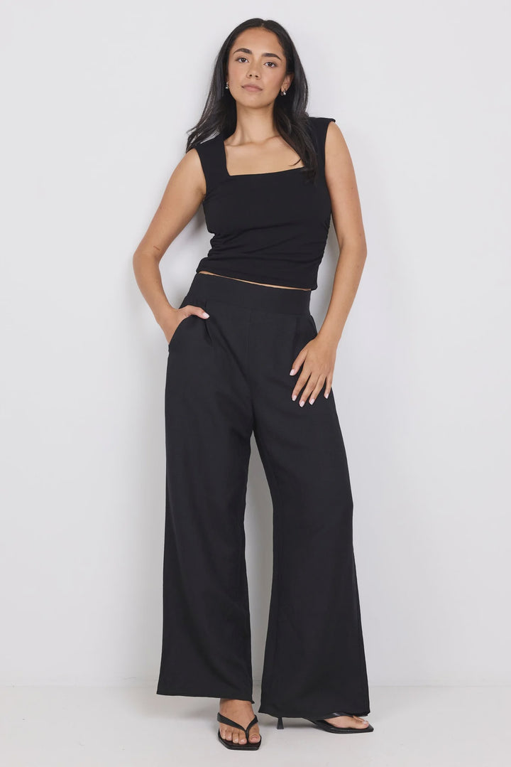 Guardian Black Petite Linen Viscose Elastic Back Pants