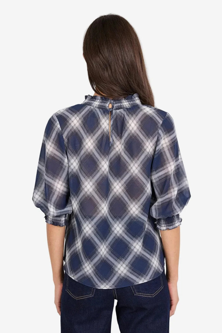 Affirming Navy Check High Neck SS Top