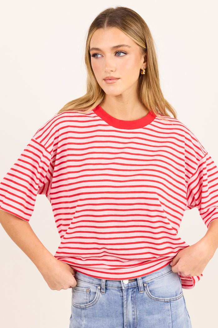 Cohesion Pink Red Stripe Oversized Tee