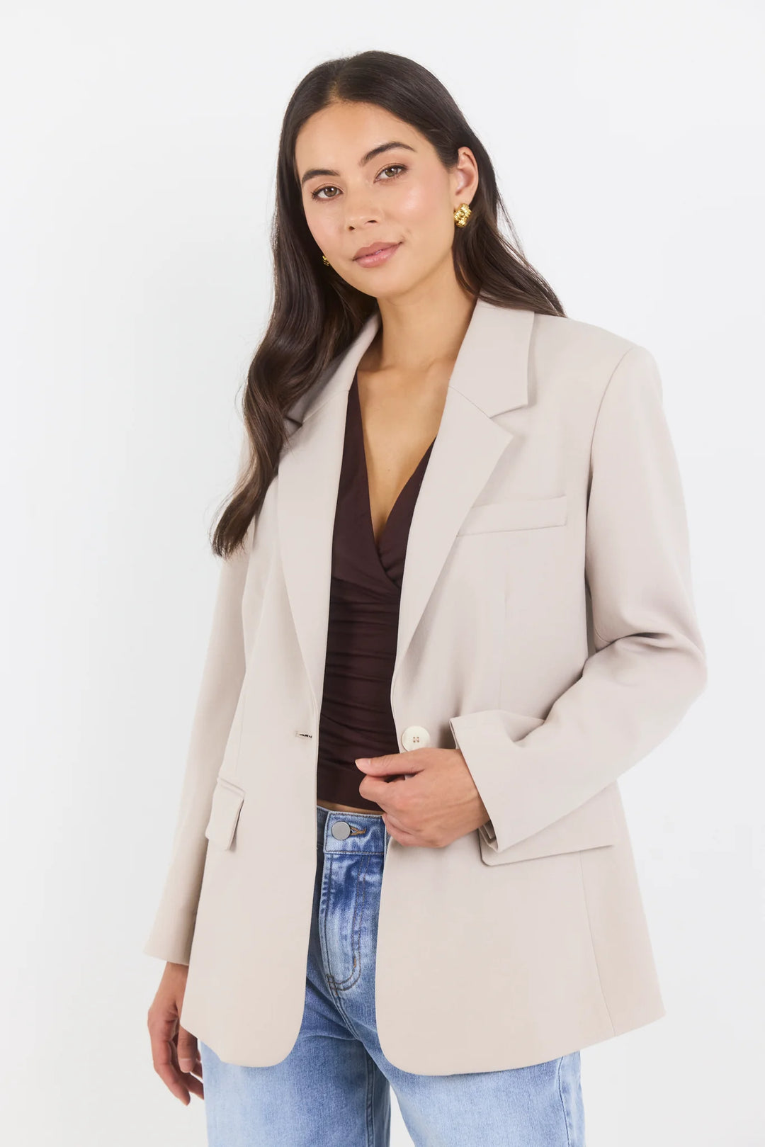 Confine Taupe Buttoned Sleeve Blazer