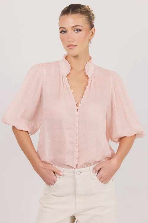 Continuance Blush Ramie High Neck Buttoned SS Top