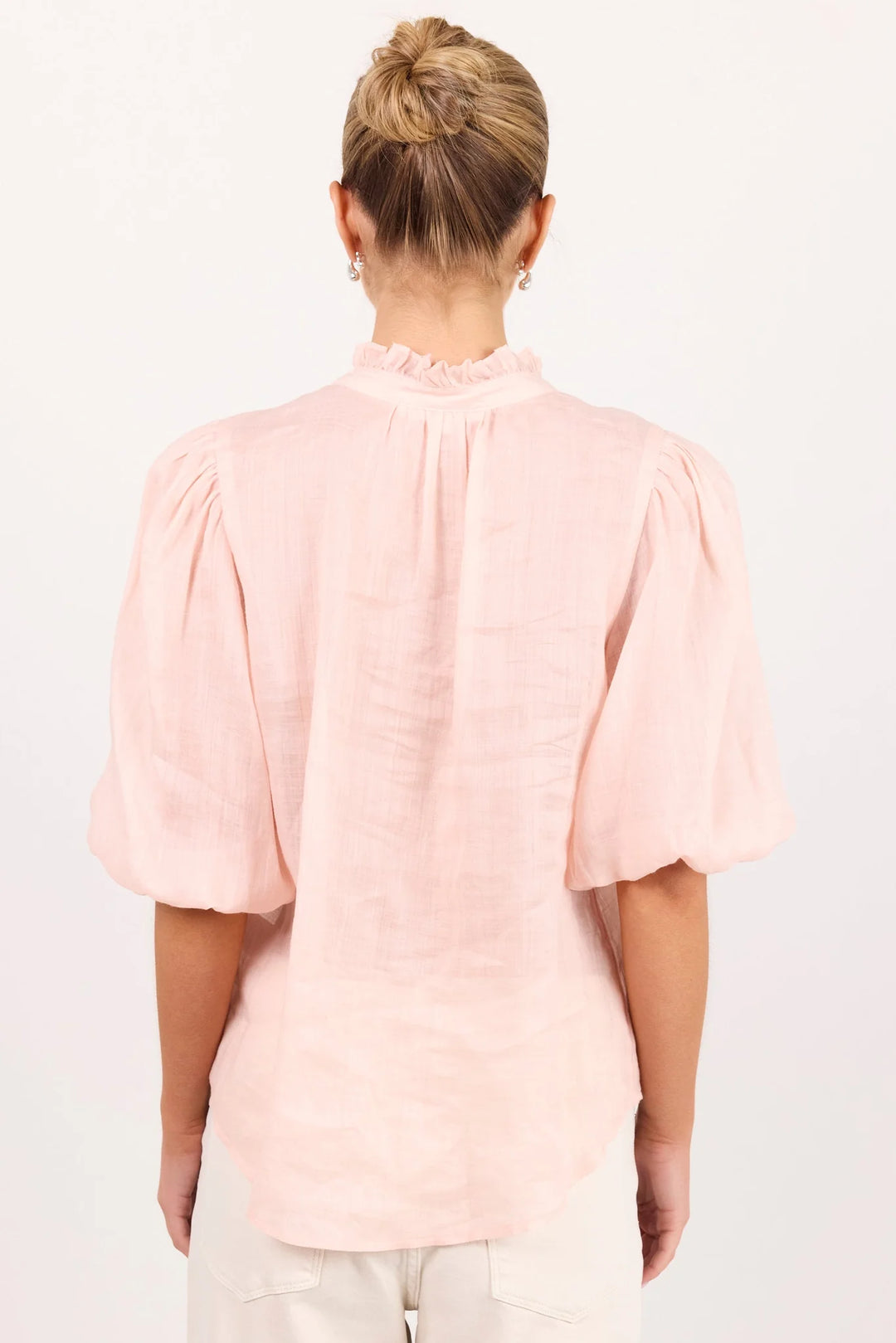 Continuance Blush Ramie High Neck Buttoned SS Top