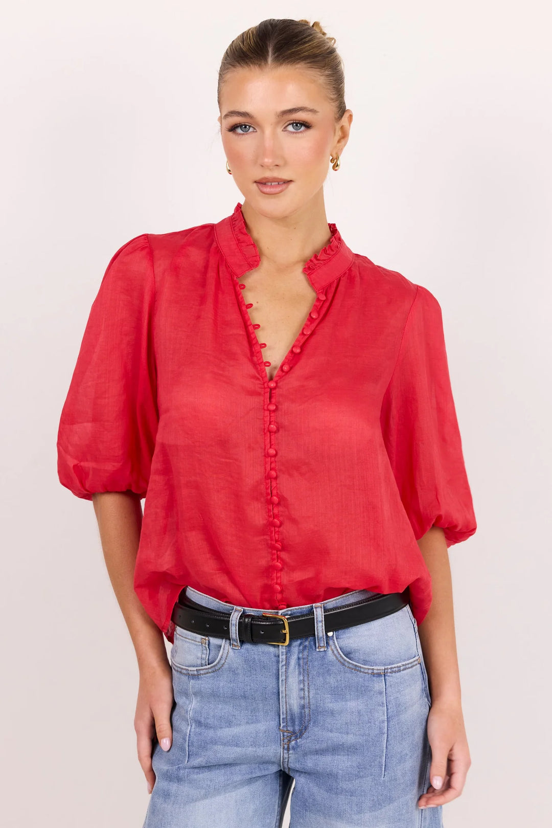 Continuance Red Ramie High Neck Buttoned SS Top