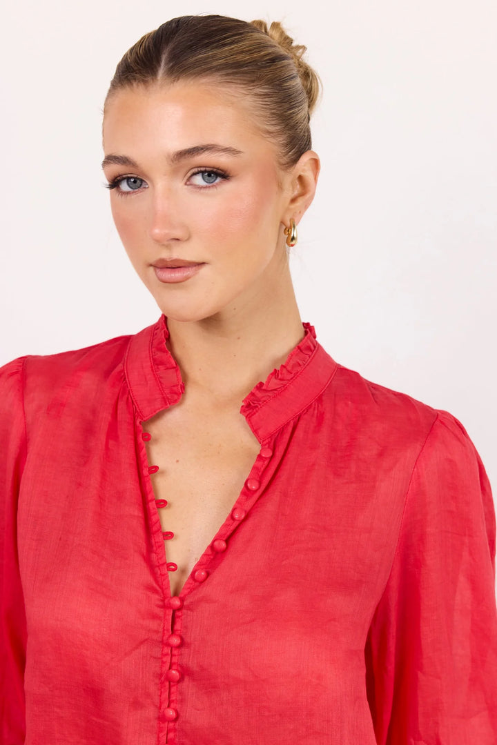 Continuance Red Ramie High Neck Buttoned SS Top