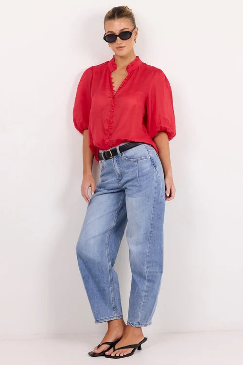 Continuance Red Ramie High Neck Buttoned SS Top