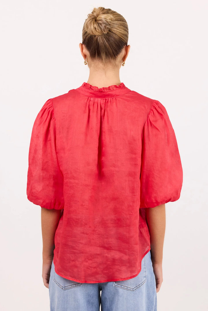 Continuance Red Ramie High Neck Buttoned SS Top
