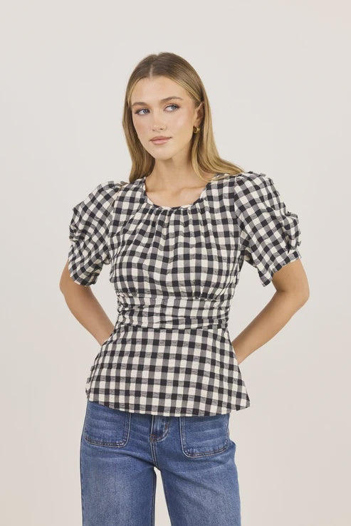 Determine Black Ivory Gingham Pleated Panel Short Sleeve Top