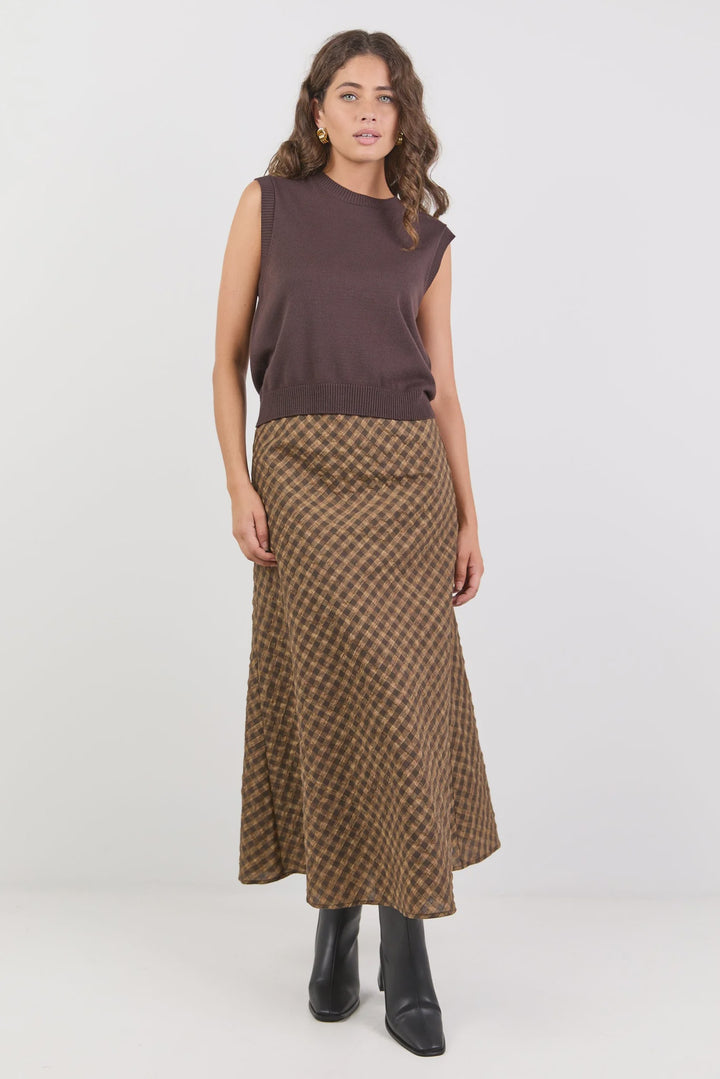 Companion Chocolate Caramel Check Bias Maxi Skirt