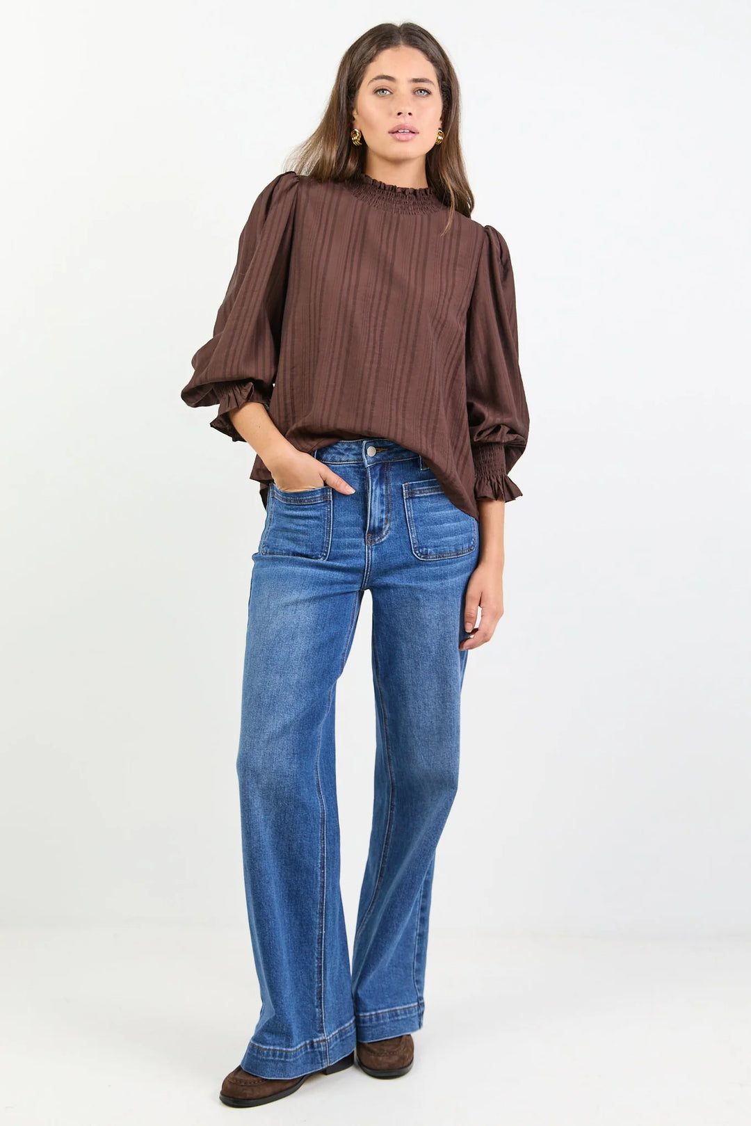 Embrace Chocolate Self Stripe Shirred Neck LS Top