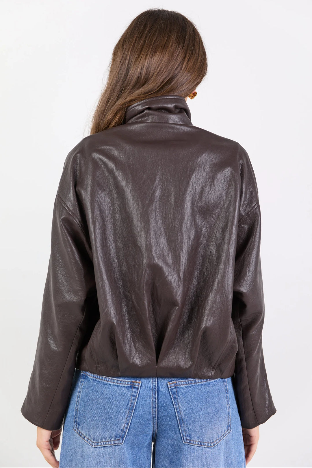 Ensemble Chocolate Faux Leather Funnel Neck Zip Through Jacket