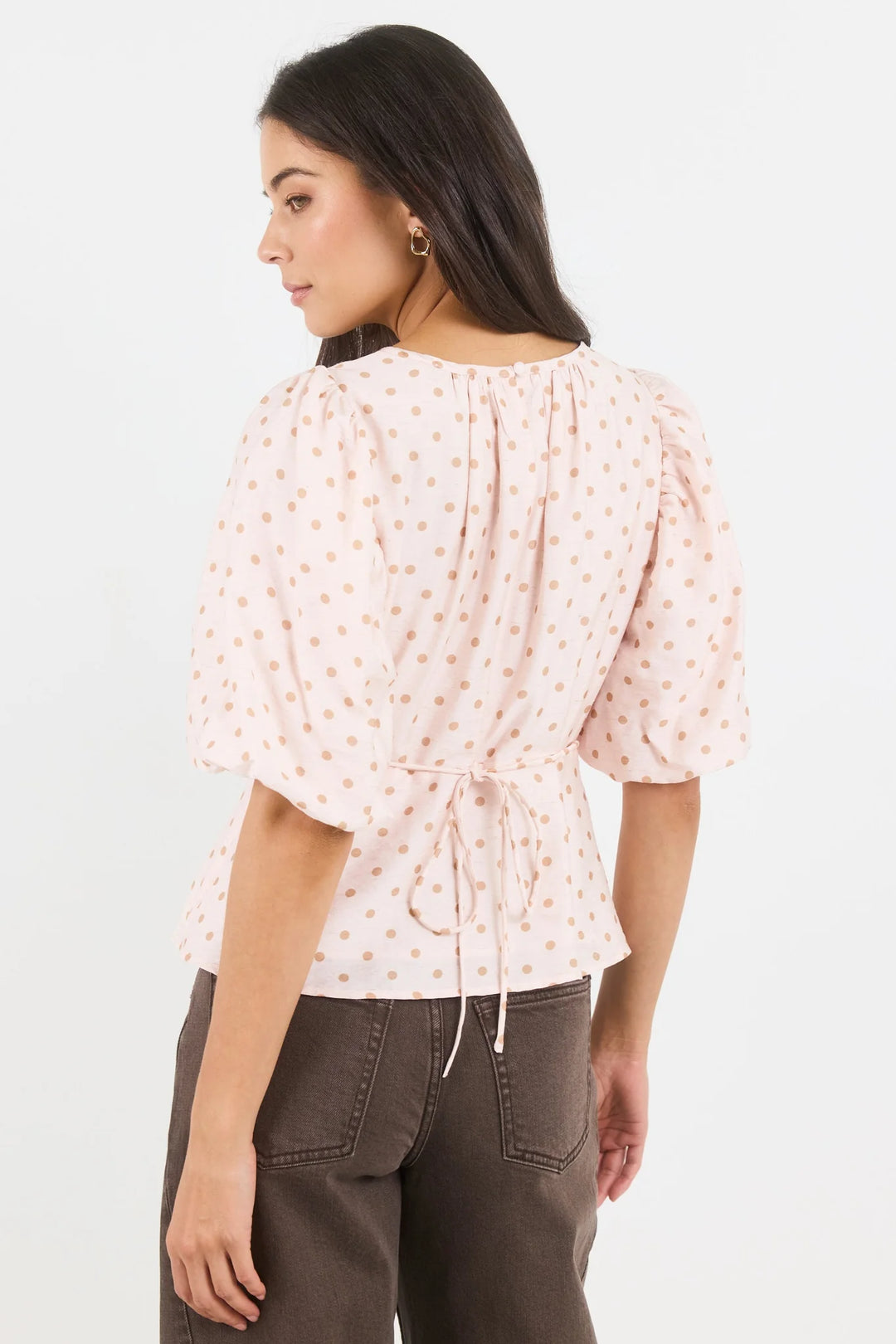 Eventual Blush Chocolate Polka Dot Mid Sleeve Fit and Flare Top