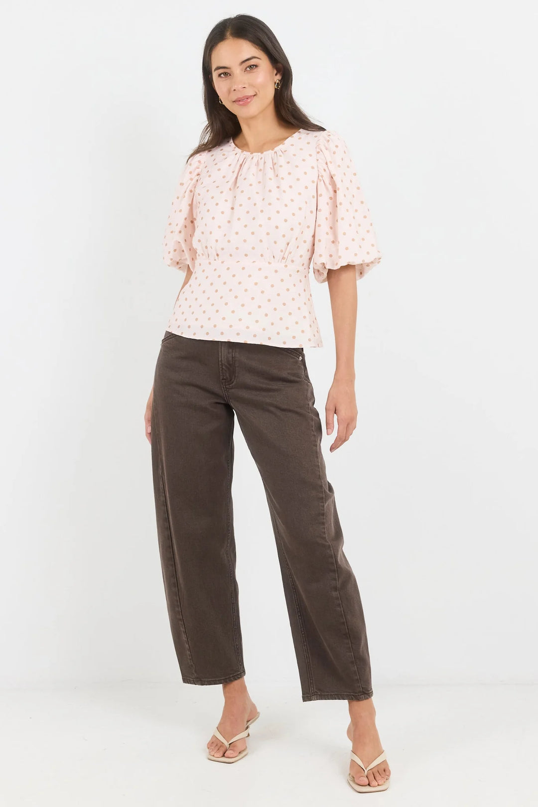 Eventual Blush Chocolate Polka Dot Mid Sleeve Fit and Flare Top