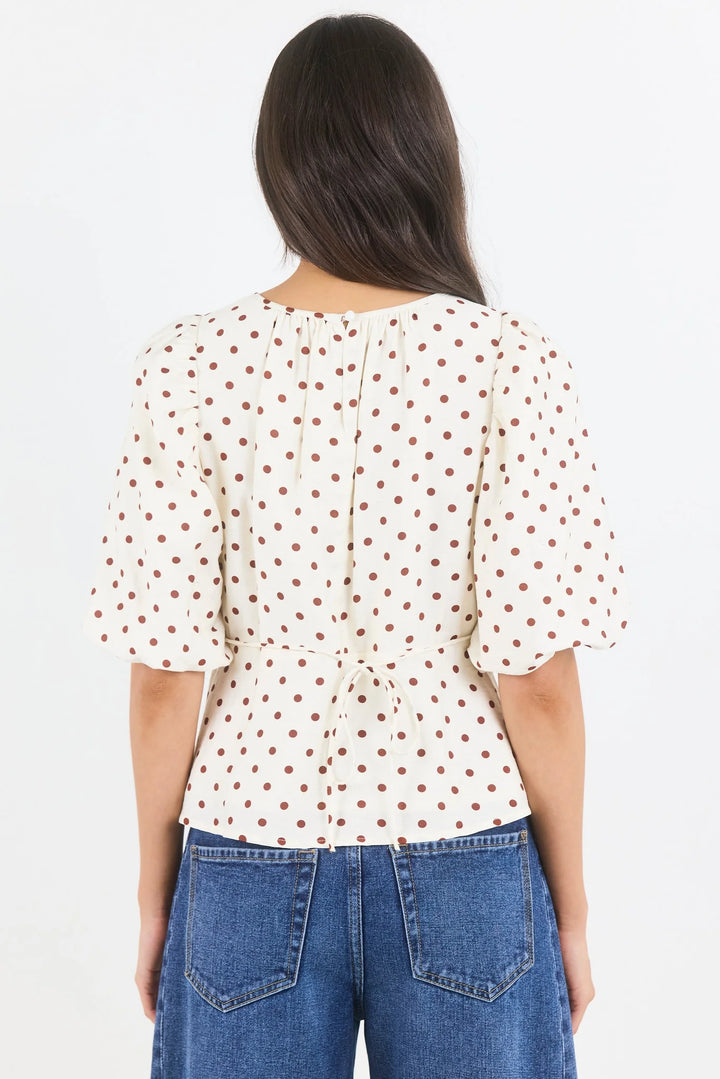 Eventual Ivory Chocolate Polka Dot Mid Sleeve Fit and Flare Top
