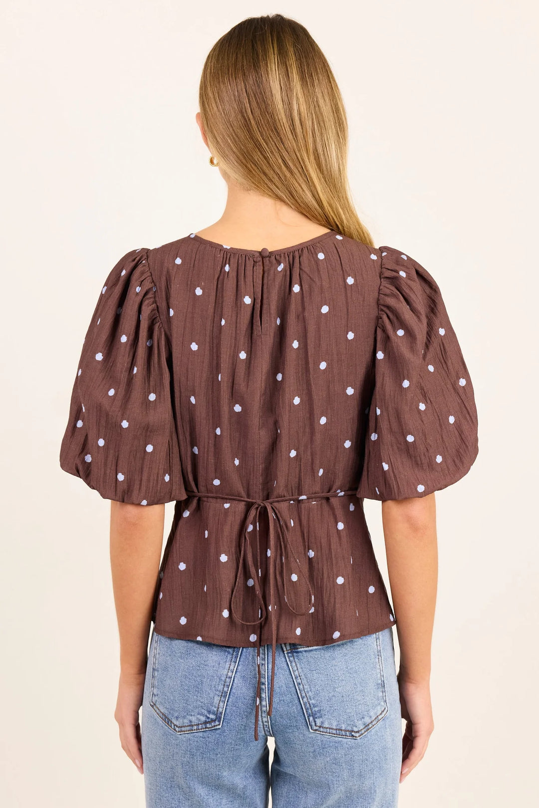 Finali Mocha Blue Polka Dot Short Bubble Sleeve Top