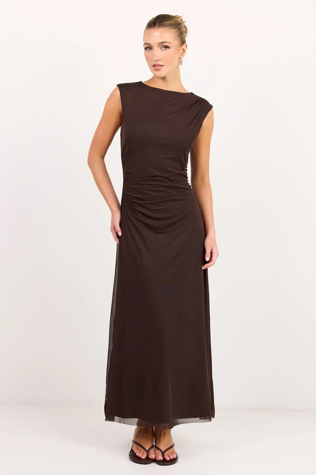 Frame Chocolate Mesh Sleeveless Maxi Dress