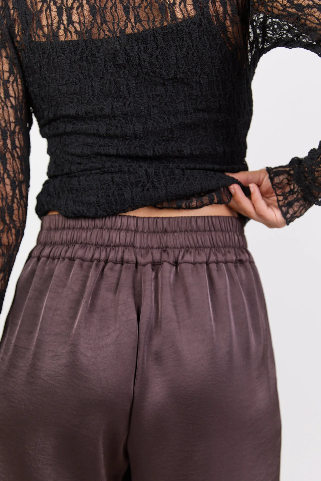 Grandeur Chocolate Satin Elastic Back Wide Leg Pants