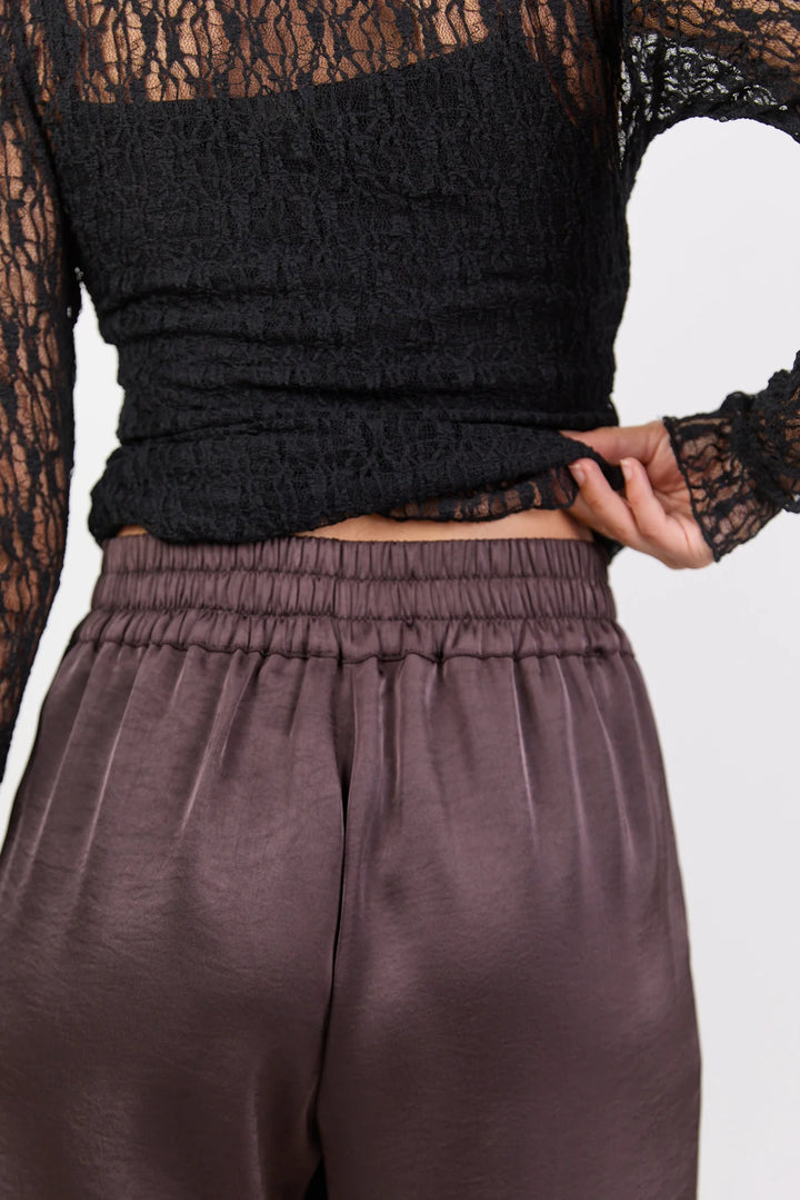 Grandeur Chocolate Satin Elastic Back Wide Leg Pants
