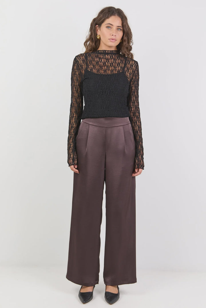 Grandeur Chocolate Satin Elastic Back Wide Leg Pants