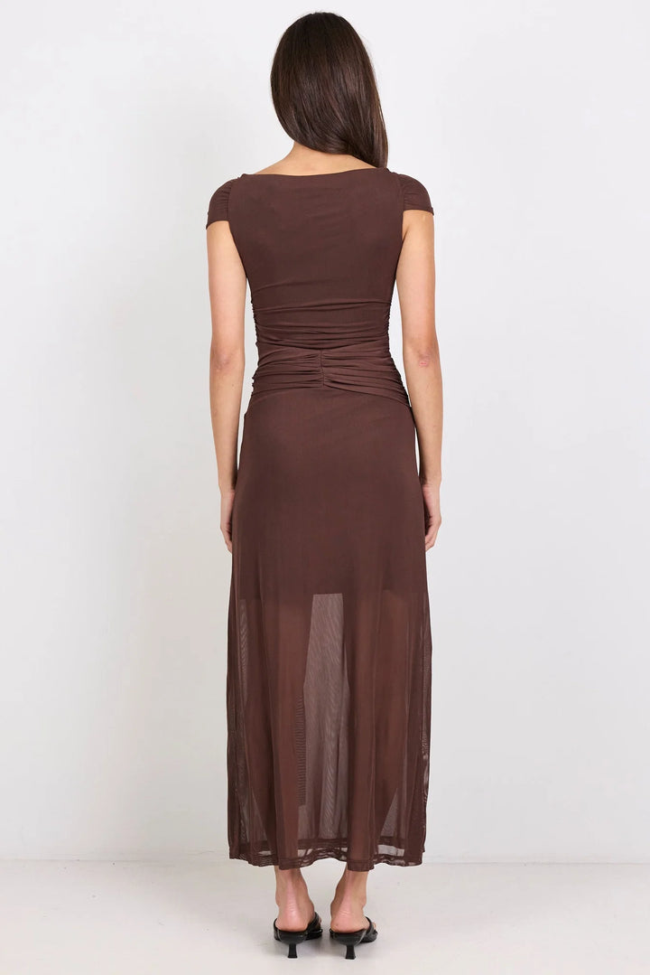 Monarch Chocolate Mesh Off Shoulder Maxi Dress