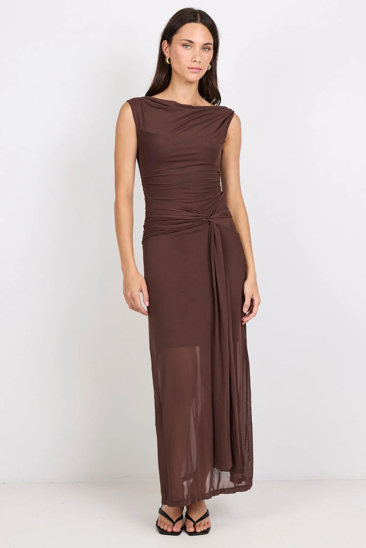 Monarch Chocolate Mesh Off Shoulder Maxi Dress