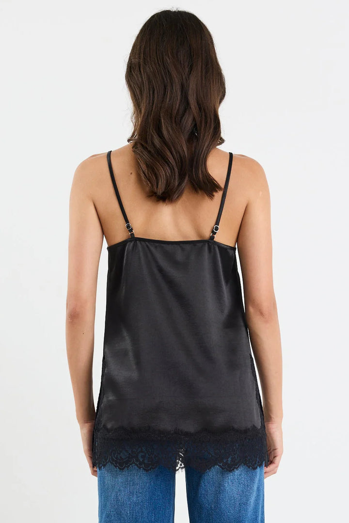 Noir Black Satin Lace Trim Cami