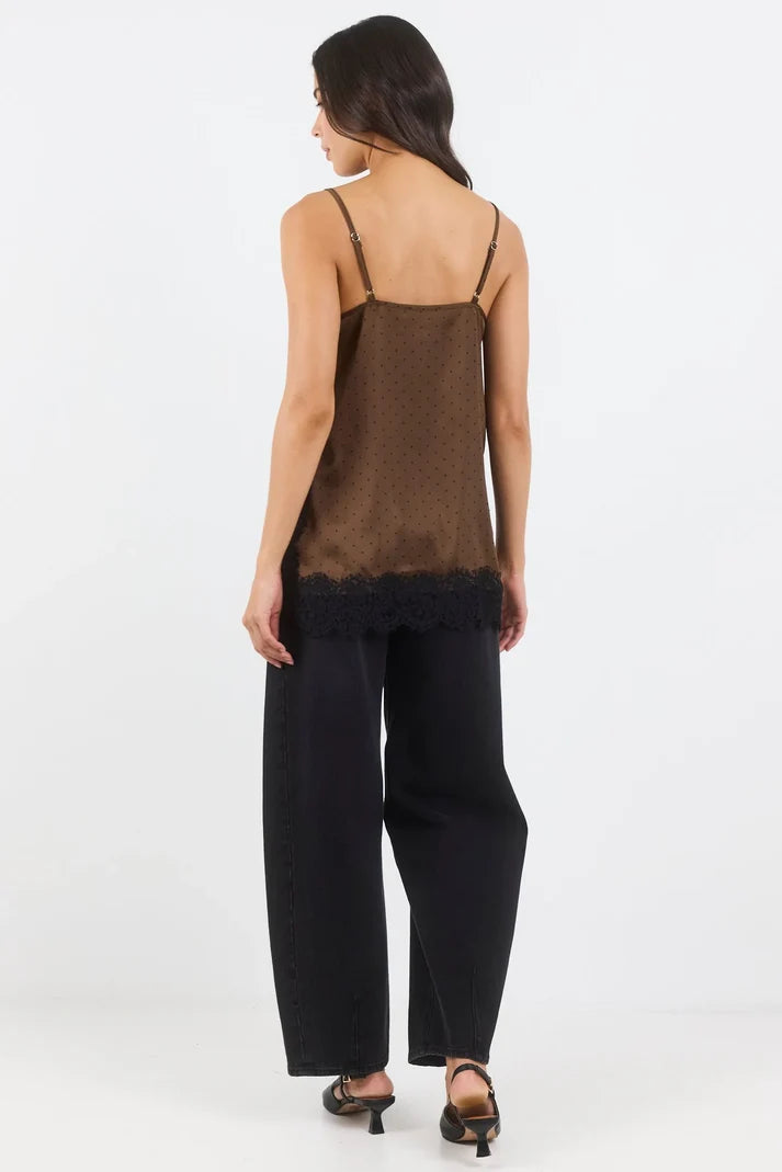 Noir Chocolate Polka Dot Satin Lace Trim Cami
