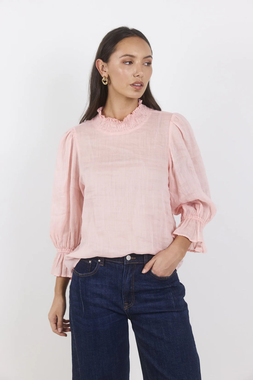 Occasion Pale Pink Shirred Neck Short Sleeve Top