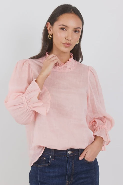 Occasion Pale Pink Shirred Neck Short Sleeve Top