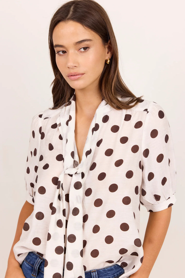Providence Chocolate Polka Dot Tie Neck Short Sleeve Top