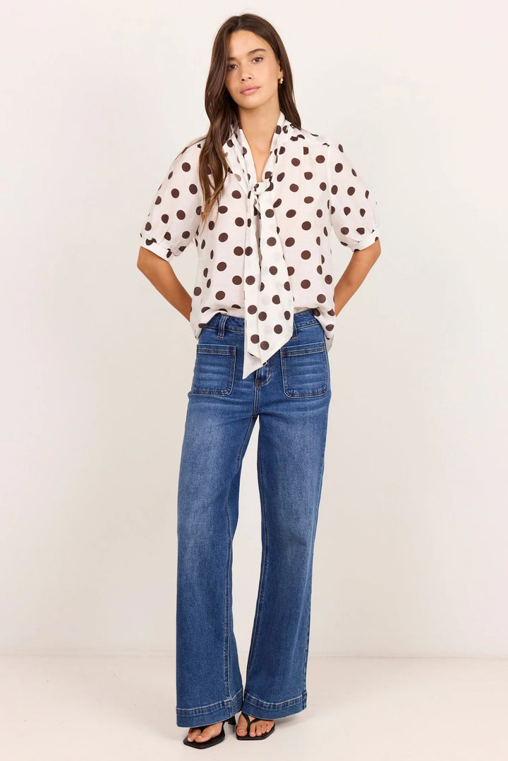 Providence Chocolate Polka Dot Tie Neck Short Sleeve Top