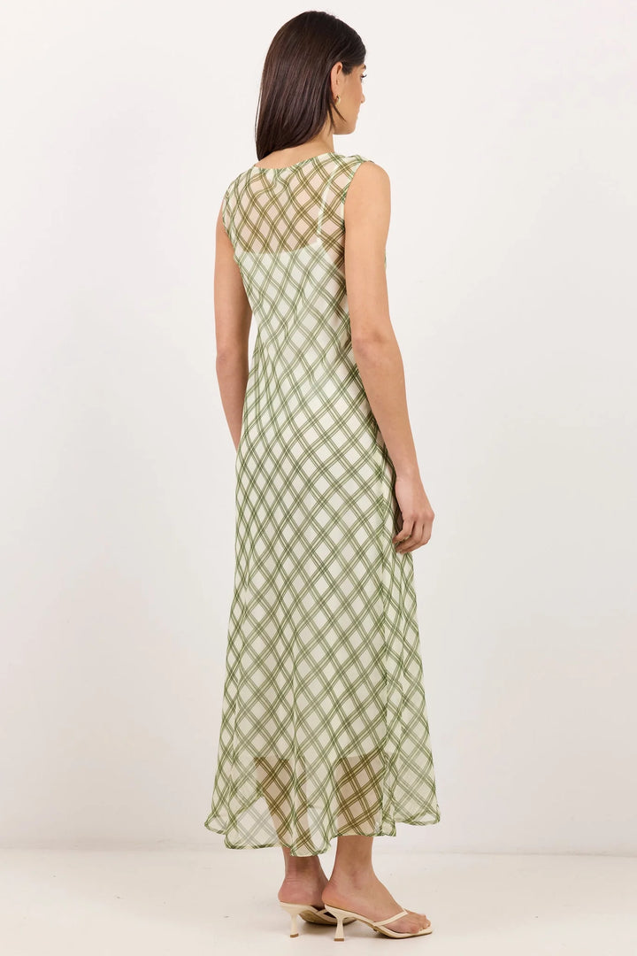 Relay Avocado Check Chiffon Sheer Maxi Dress