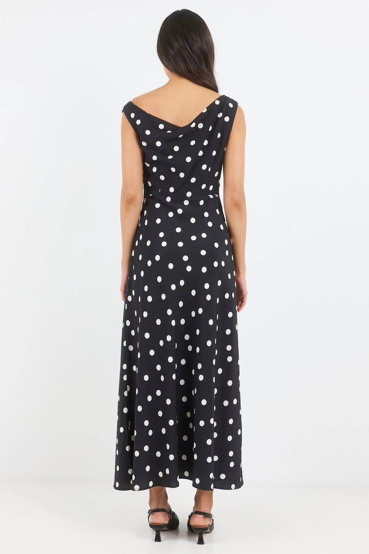 Spotlight Black Polka Dot Off Shoulder Flare Midi Dress