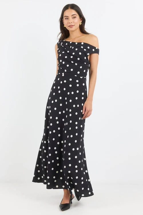 Spotlight Black Polka Dot Off Shoulder Flare Midi Dress