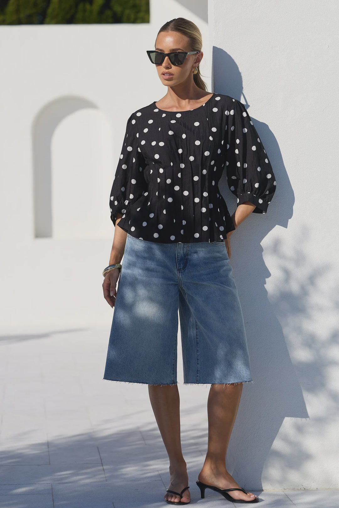Theatrical Black Polka Dot Pintuck  Shaped SS Top