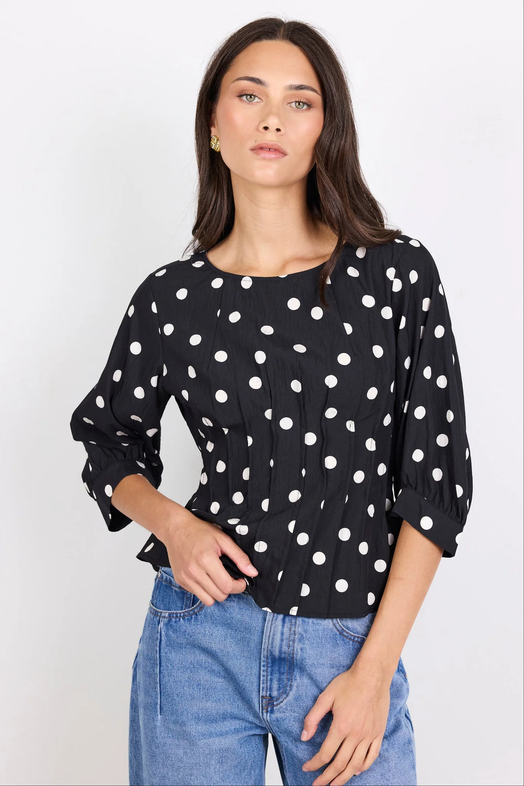 Theatrical Black Polka Dot Pintuck  Shaped SS Top