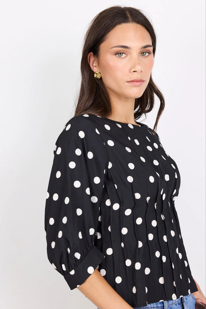 Theatrical Black Polka Dot Pintuck  Shaped SS Top