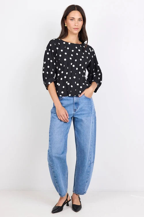 Theatrical Black Polka Dot Pintuck  Shaped SS Top