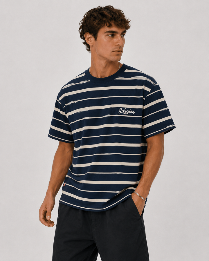 Cursive Stripe T-Shirt - Navy/Natural