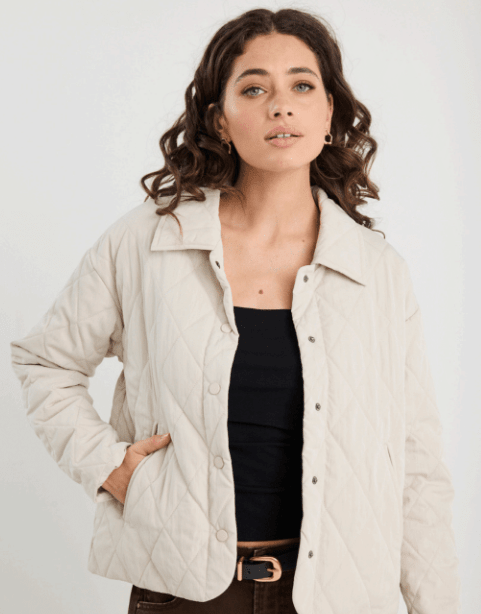 Absolute Collared Quilted Puffer Jacket in Putty - Chillis & More NZ