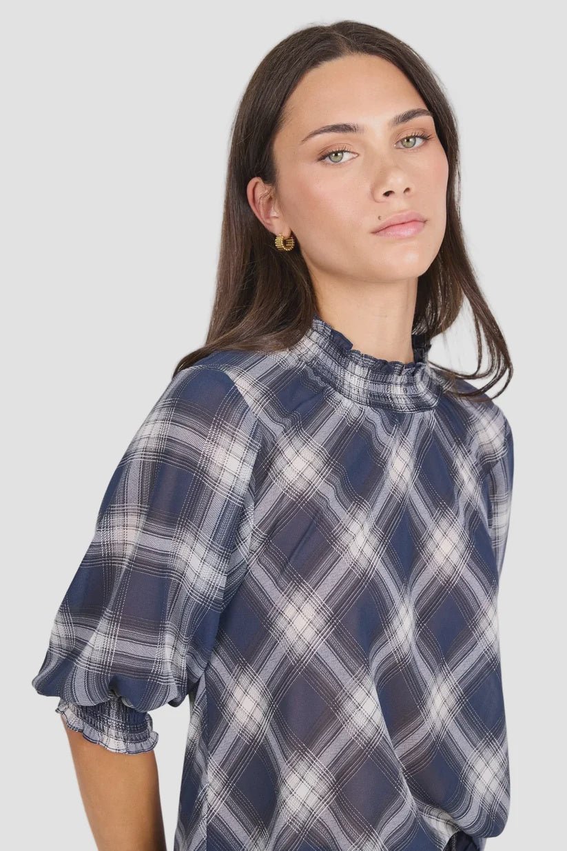 Affirming Navy Check High Neck SS Top - Chillis & More NZ