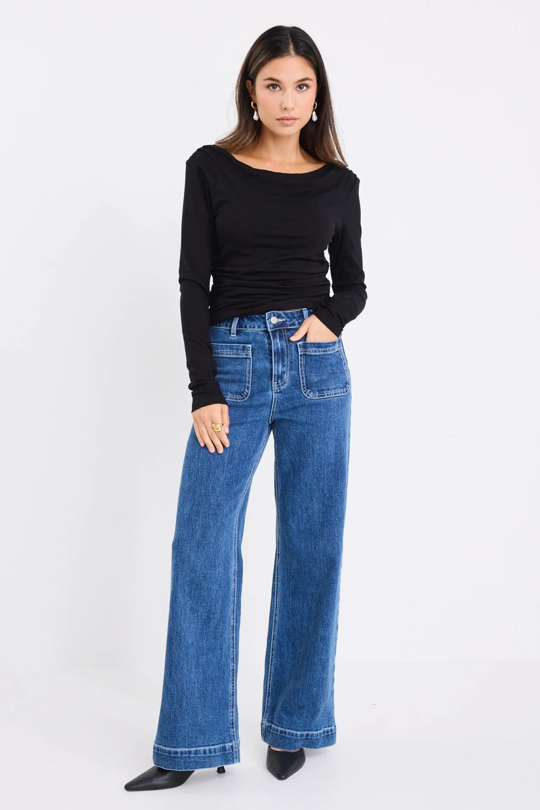 Alley Black Rib Asymmetric Neck LS Top - Chillis & More NZ
